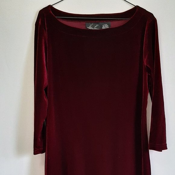 Kathie Lee Collection Burgundy Round Neck Stretch Velvet Long Sleeve Dress - Picture 2 of 5